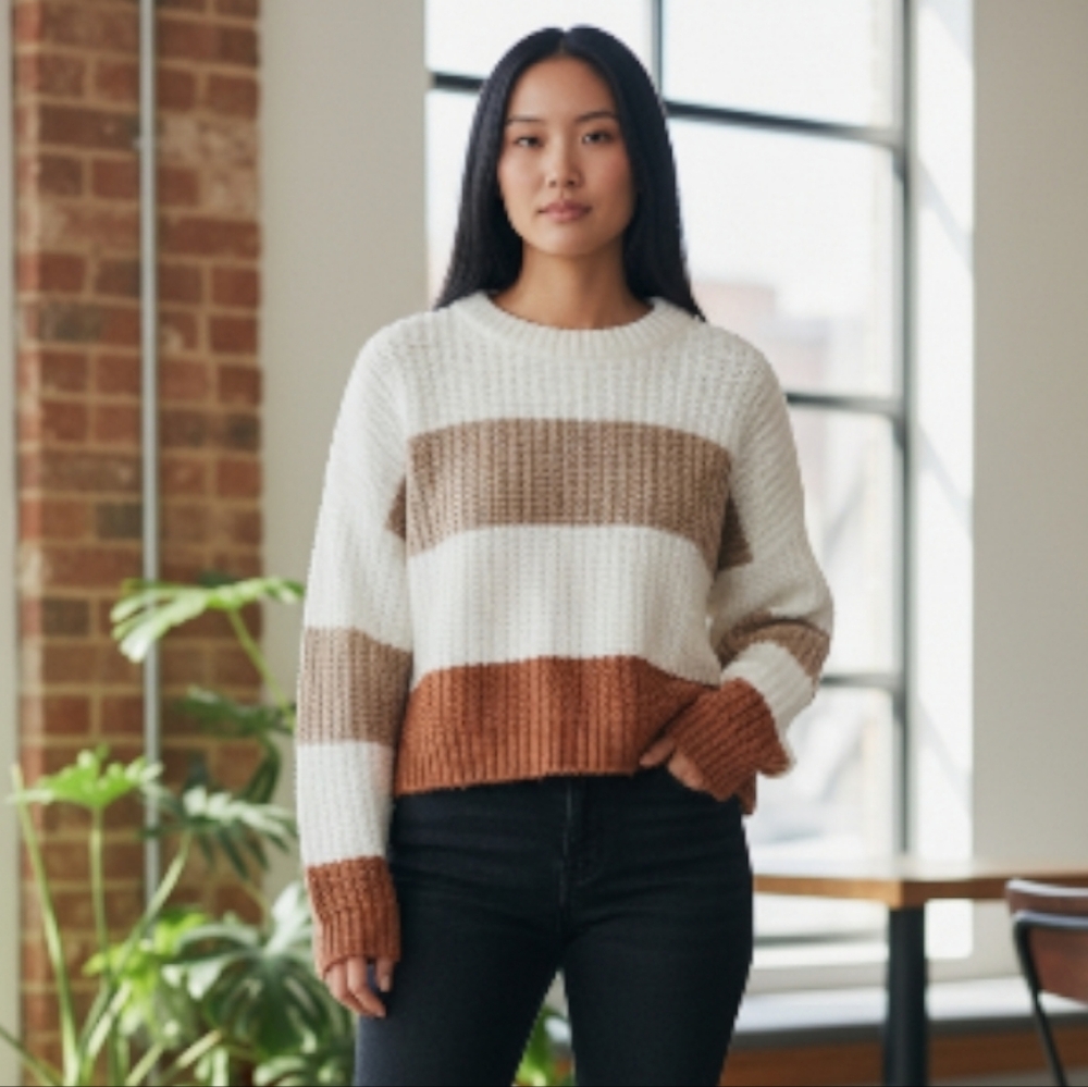 🍂 Moon & Madison Striped Cozy Knit Sweater - White, Brown, and Tan Small NWOT
